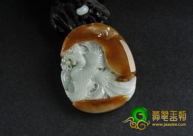 糯冰种褐黄翡缅甸翡翠A货凤来仪挂件