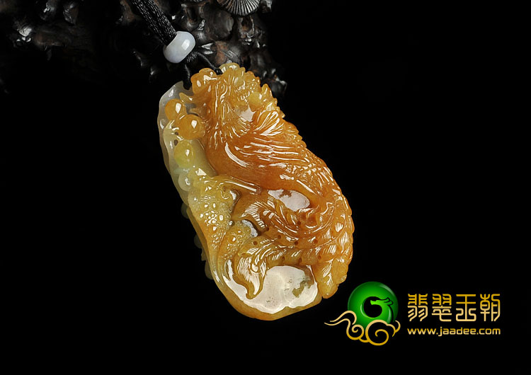 糯冰种黄翡缅甸翡翠A货凤戏牡丹挂件