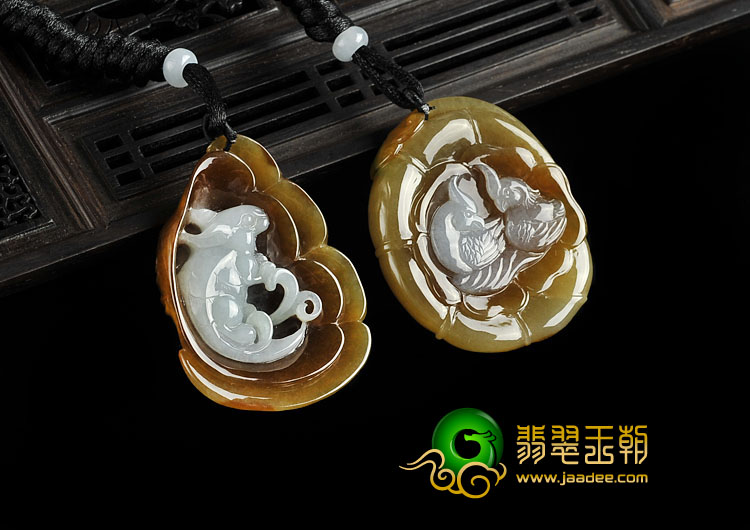 糯冰种褐黄翡缅甸翡翠A货欢喜鸳鸯挂件（一对）