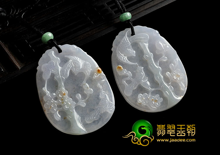 糯冰种淡三彩缅甸翡翠A货喜上眉梢挂件（一对）