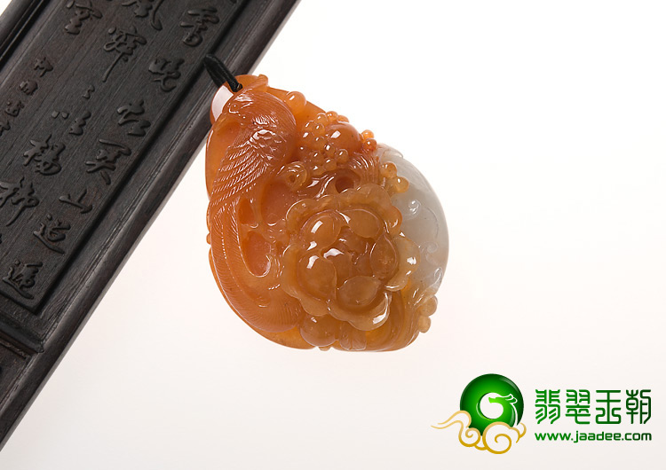 糯冰种红黄翡缅甸翡翠A货凤戏牡丹挂件