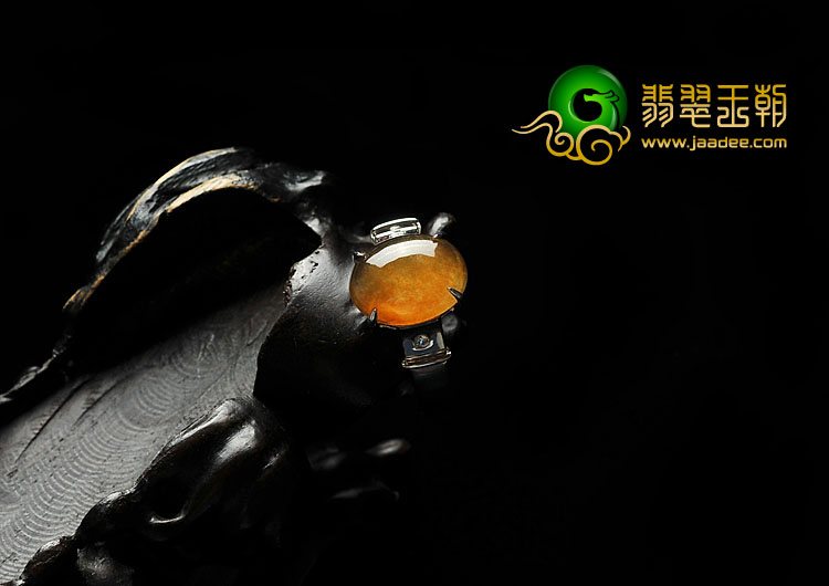 冰种黄翡缅甸翡翠A货镶白金戒指