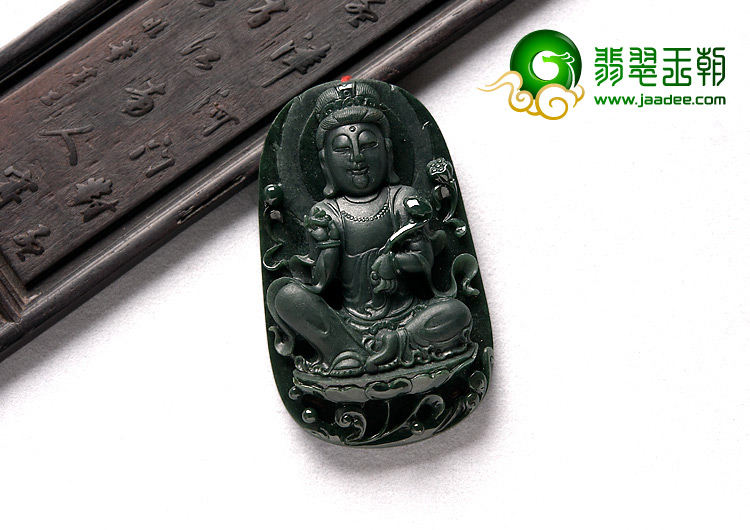 糯冰种墨翠缅甸翡翠A货观音挂件