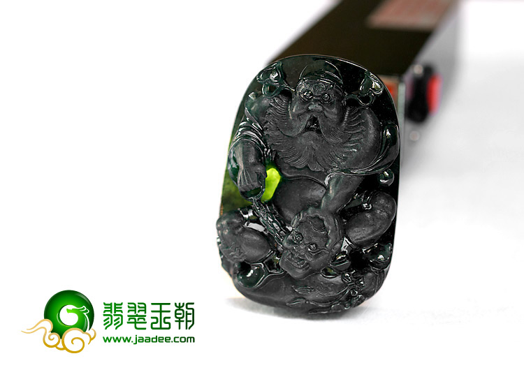 冰种墨翠缅甸翡翠A货钟馗打鬼挂件