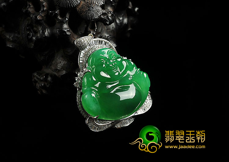 冰玻种帝王绿缅甸翡翠A货镶白金玉佛胸坠（真钻）
