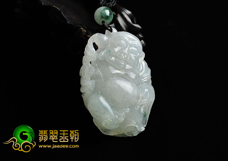 糯冰种略飘花缅甸翡翠A货逍遥佛挂件