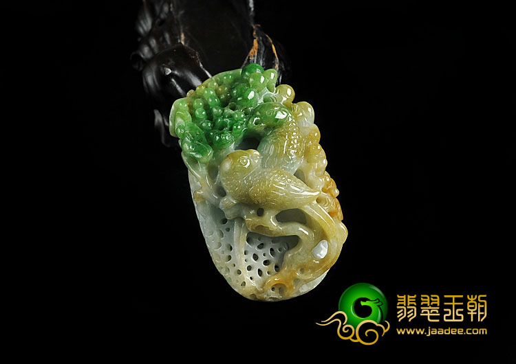 糯冰种黄加绿缅甸翡翠A货双喜临门挂件