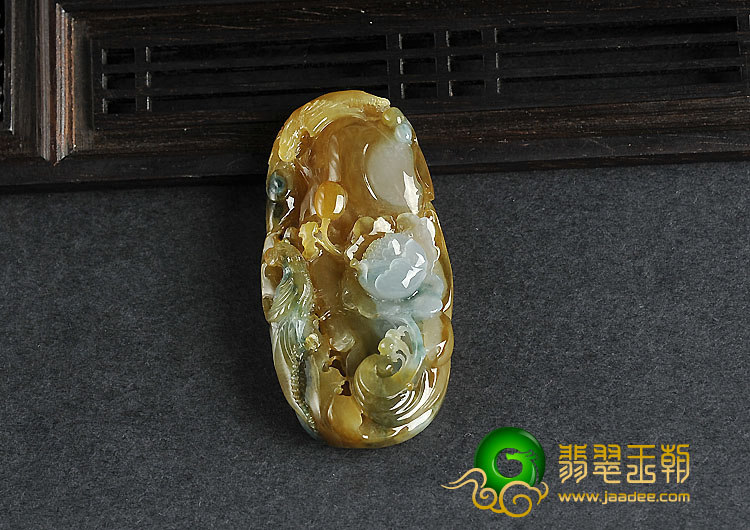 冰种褐黄翡飘花缅甸翡翠A货花开富贵挂件