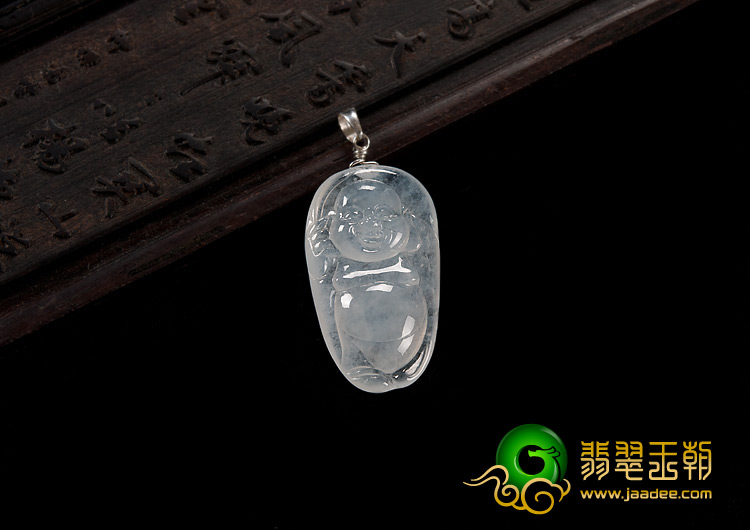 冰种缅甸翡翠A货镶白金扣站佛挂件