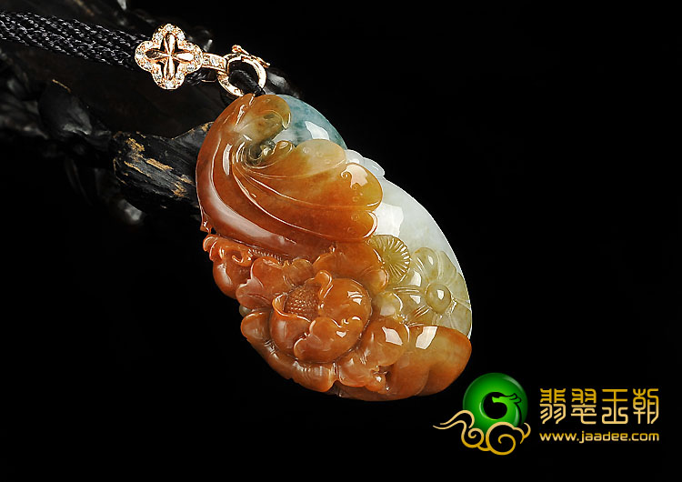 糯冰种红黄翡略飘花缅甸翡翠A货凤戏牡丹挂件