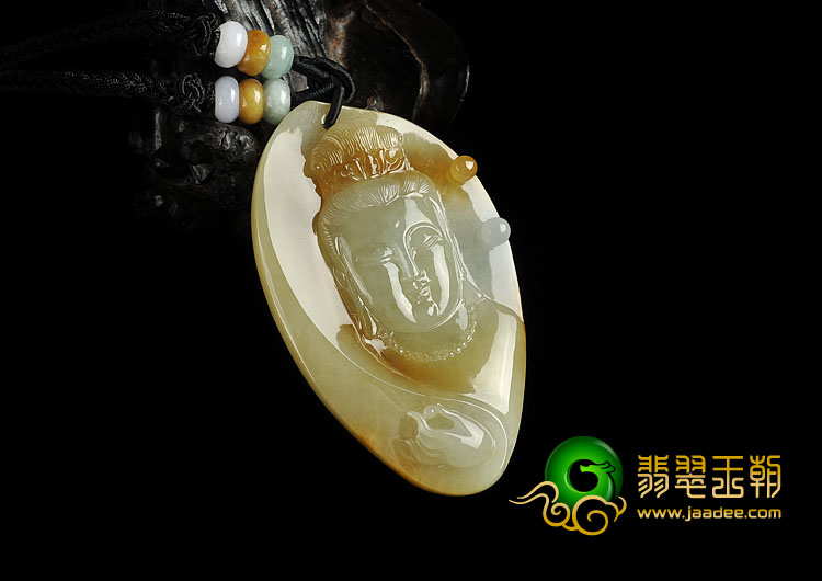 糯冰种黄翡缅甸翡翠A货观音头挂件