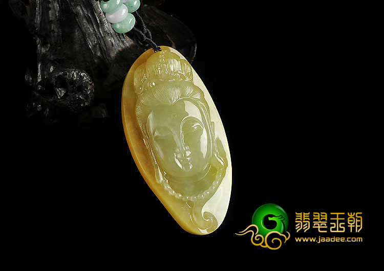 糯冰种黄翡缅甸翡翠A货观音头挂件