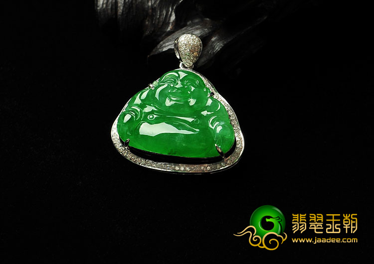冰种阳绿缅甸翡翠A货镶白金玉佛胸坠（真钻）