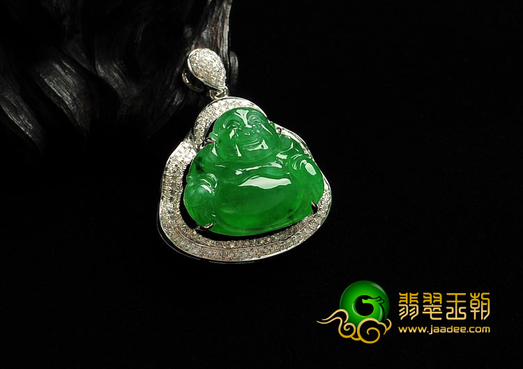 冰种阳绿缅甸翡翠Ａ货镶白金玉佛胸坠（真钻）