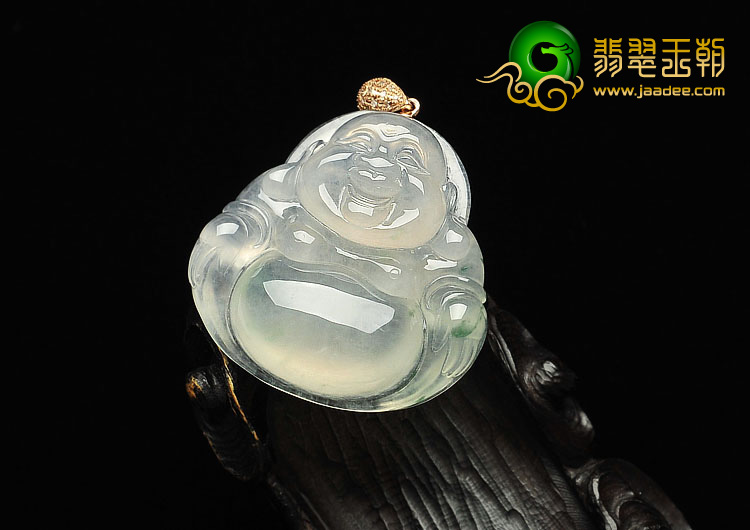 冰种略飘花缅甸翡翠A货镶金扣玉佛挂件