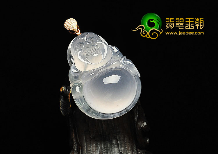 冰玻种淡晴水缅甸翡翠A货镶金扣大肚佛挂件