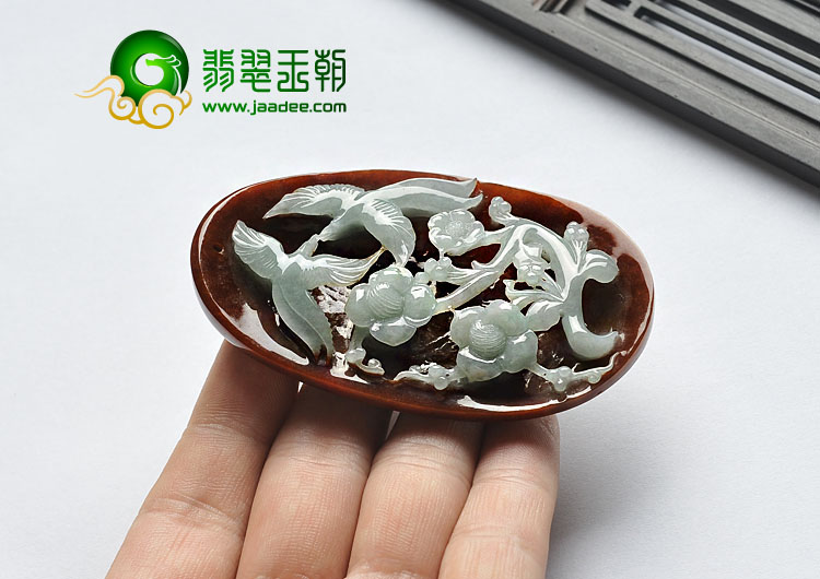 糯冰种褐红翡缅甸翡翠A货喜上眉梢挂件