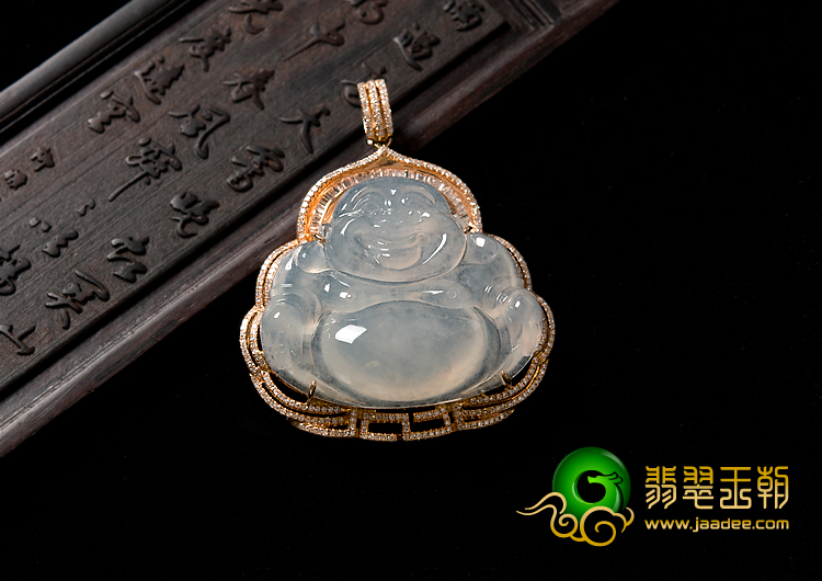 冰种淡晴水缅甸翡翠A货镶玫瑰金玉佛胸坠（真钻）