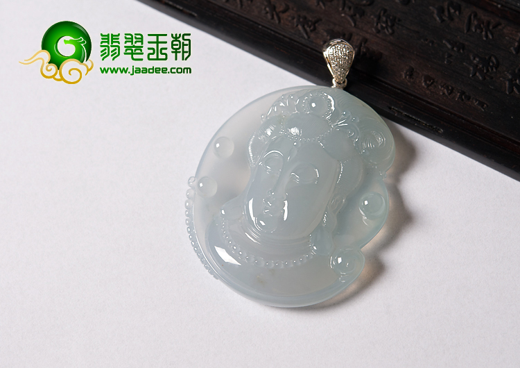 冰种晴水缅甸翡翠A货镶白金扣观音头挂件