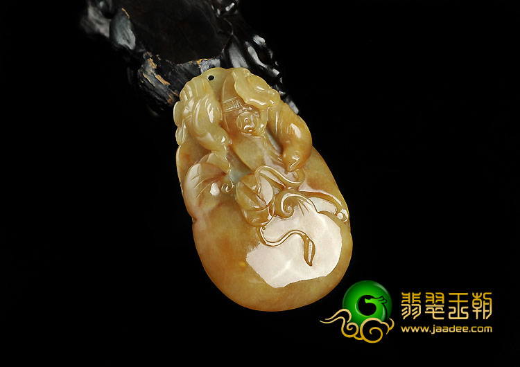 糯冰种褐黄翡缅甸翡翠A货双喜如意挂件