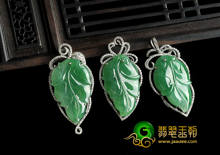 冰种苹果绿缅甸翡翠A货镶9k白金金枝玉叶胸坠（真钻）（单价）