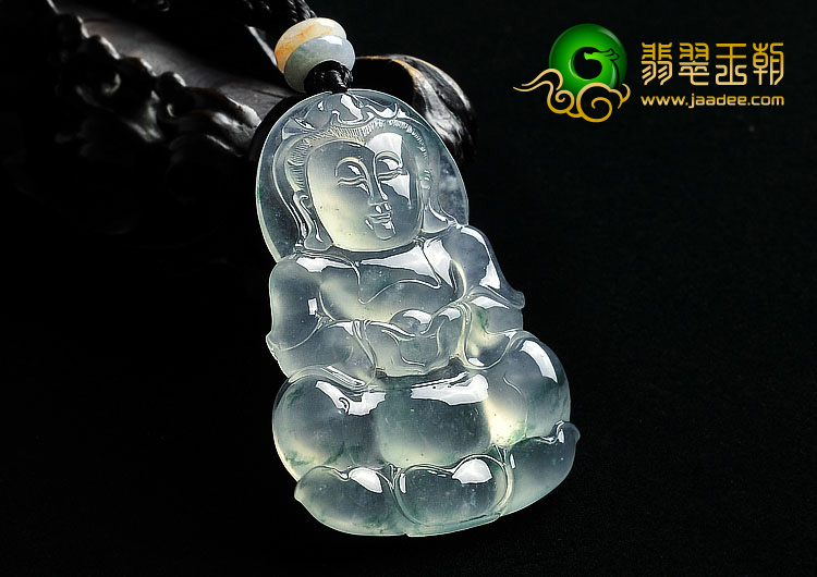 冰玻种飘花缅甸翡翠A货观音挂件