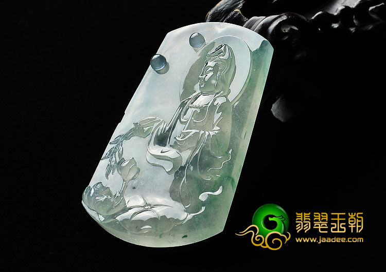 冰玻种飘花缅甸翡翠A货观音挂件