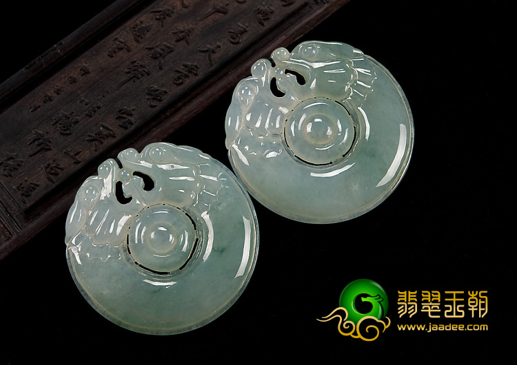 冰种飘花缅甸翡翠A货双龙如意挂件（一对）