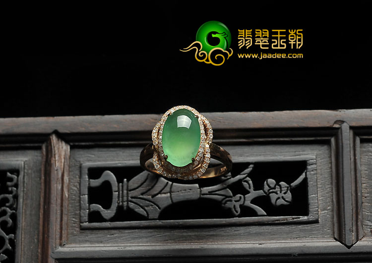 冰种黄秧绿缅甸翡翠A货镶玫瑰金女戒（真钻）