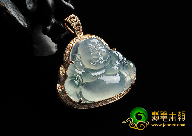 冰种飘花缅甸翡翠A货镶玫瑰金玉佛胸坠（真钻）