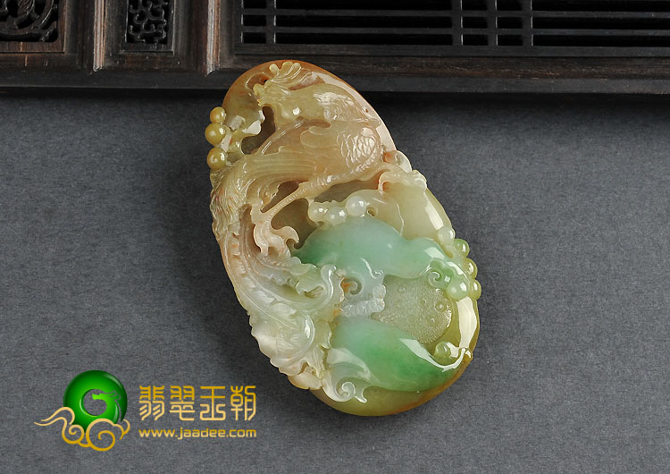糯冰种黄加绿缅甸翡翠A货凤凰如意挂件