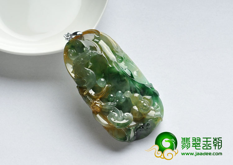 冰种黄加绿缅甸翡翠A货鸟语花香挂件