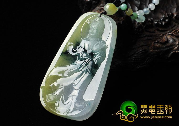 冰种黄翡飘花缅甸翡翠A货站观音挂件