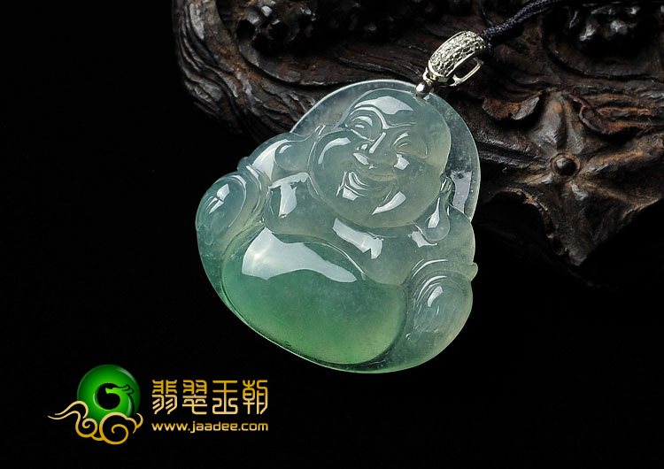 冰种绿晴水缅甸翡翠A货镶白金扣玉佛挂件