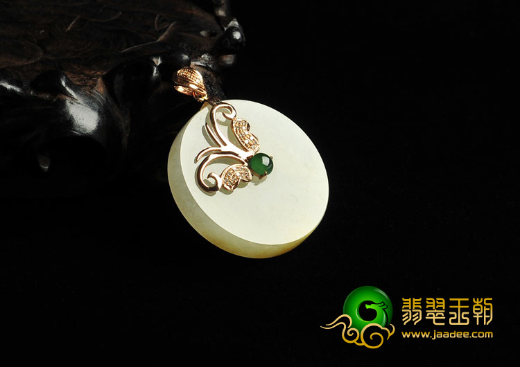 糯冰种黄翡缅甸翡翠A货镶金平安扣胸坠（真钻）