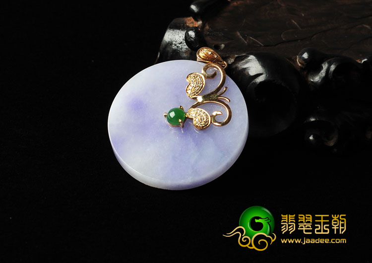糯冰种紫罗兰缅甸翡翠A货镶金平安扣胸坠（真钻）
