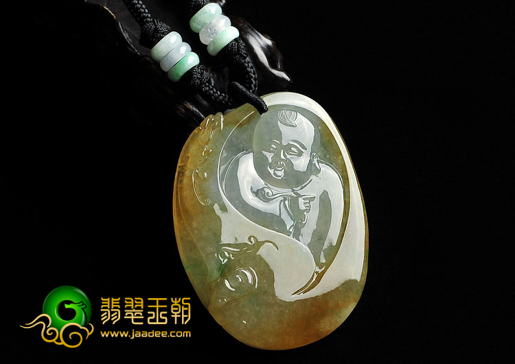 冰种黄翡略飘花缅甸翡翠A货童子挂件