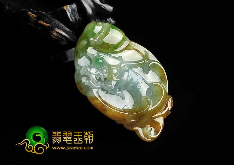 冰种黄加绿缅甸翡翠A货龙头如意挂件