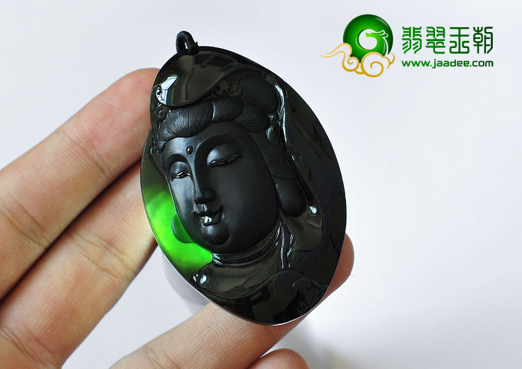 冰玻种墨翠缅甸翡翠A货观音头挂件