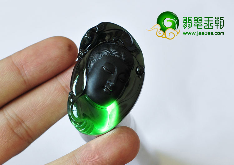 冰玻种墨翠缅甸翡翠A货观音头挂件