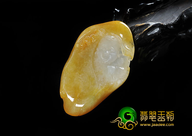 冰种黄翡缅甸翡翠A货善财童子挂件