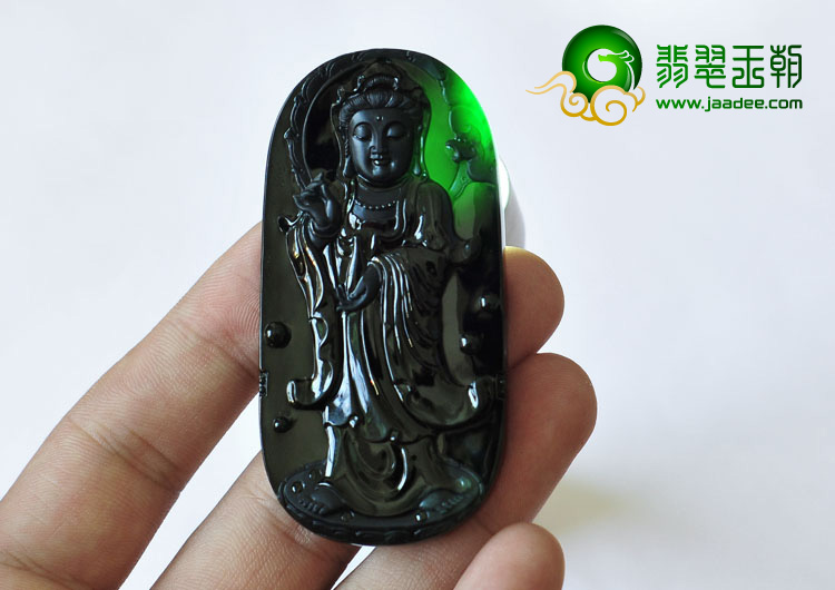 玻璃种墨翠缅甸翡翠A货站观音挂件