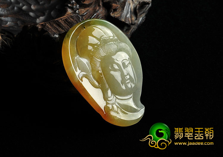 糯冰种黄翡飘花缅甸翡翠A货观音头挂件