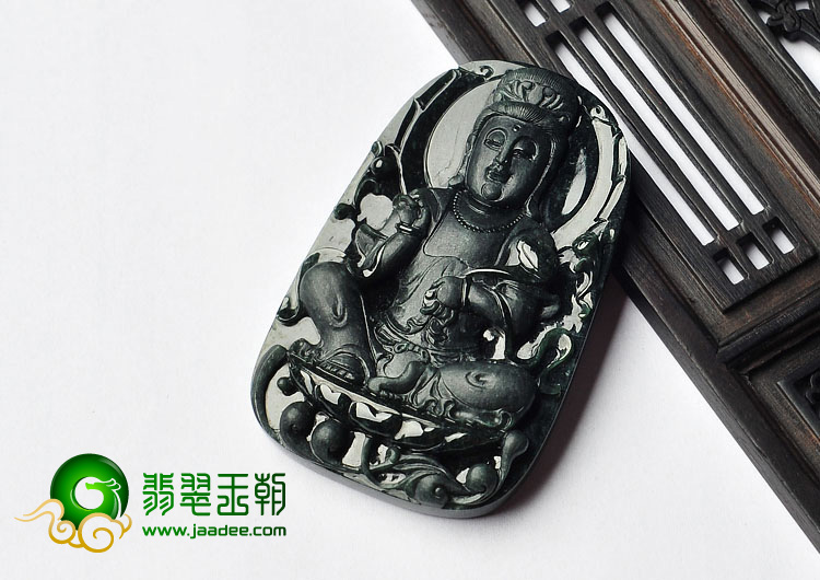 糯冰种墨翠缅甸翡翠A货观音挂件