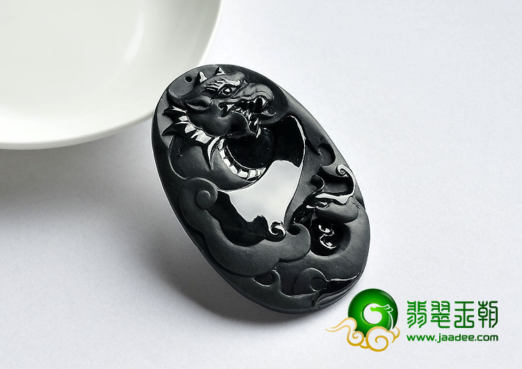 冰种墨翠缅甸翡翠A货龙凤呈祥挂件