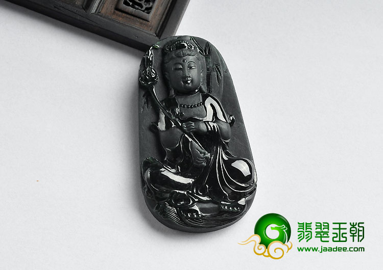 糯冰种墨翠缅甸翡翠A货观音挂件