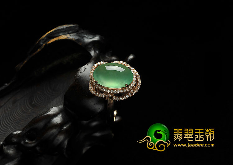 冰玻种黄秧绿缅甸翡翠A货镶玫瑰金戒指（真钻）