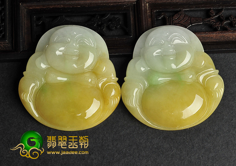 糯冰种黄翡缅甸翡翠A货玉佛挂件（一对）