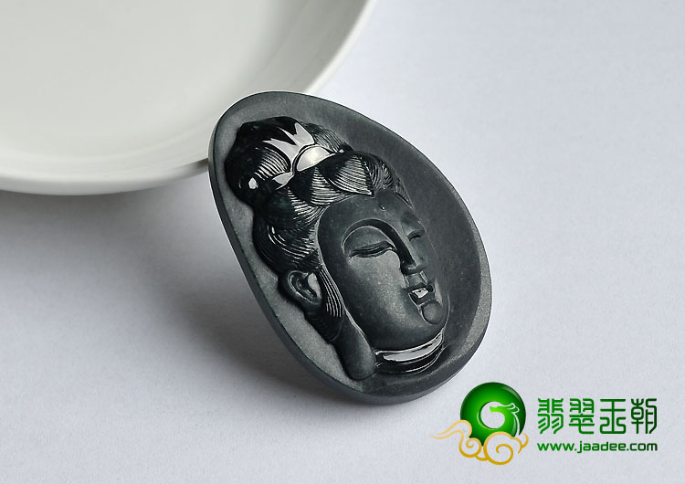 冰种墨翠缅甸翡翠A货观音头挂件