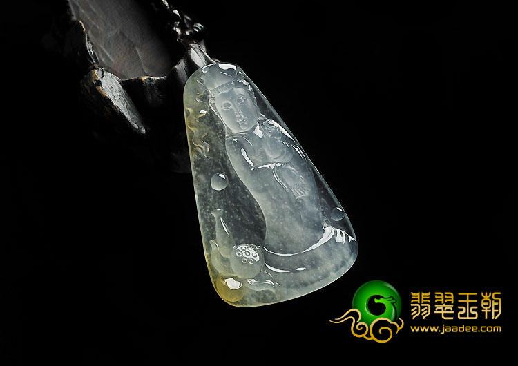 冰玻种淡黄翡缅甸翡翠A货站观音挂件